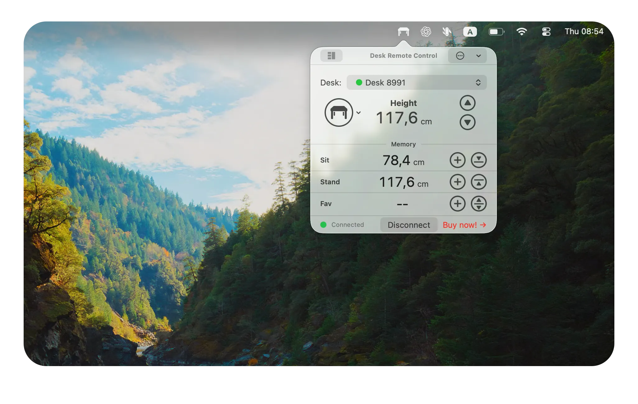 Desk Remote Control opened from the macOS menu bar