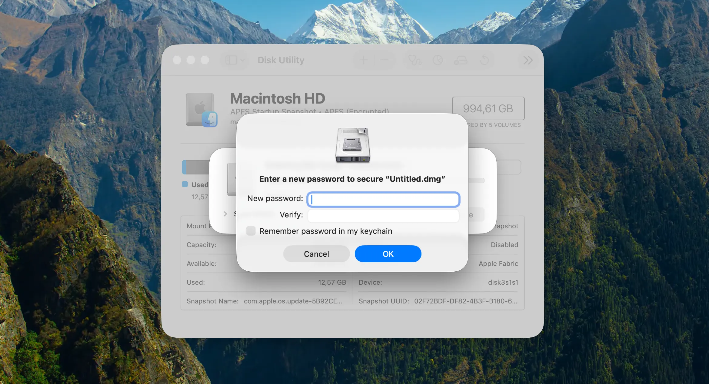 Disk Utility asking for a new password to secure a disk image