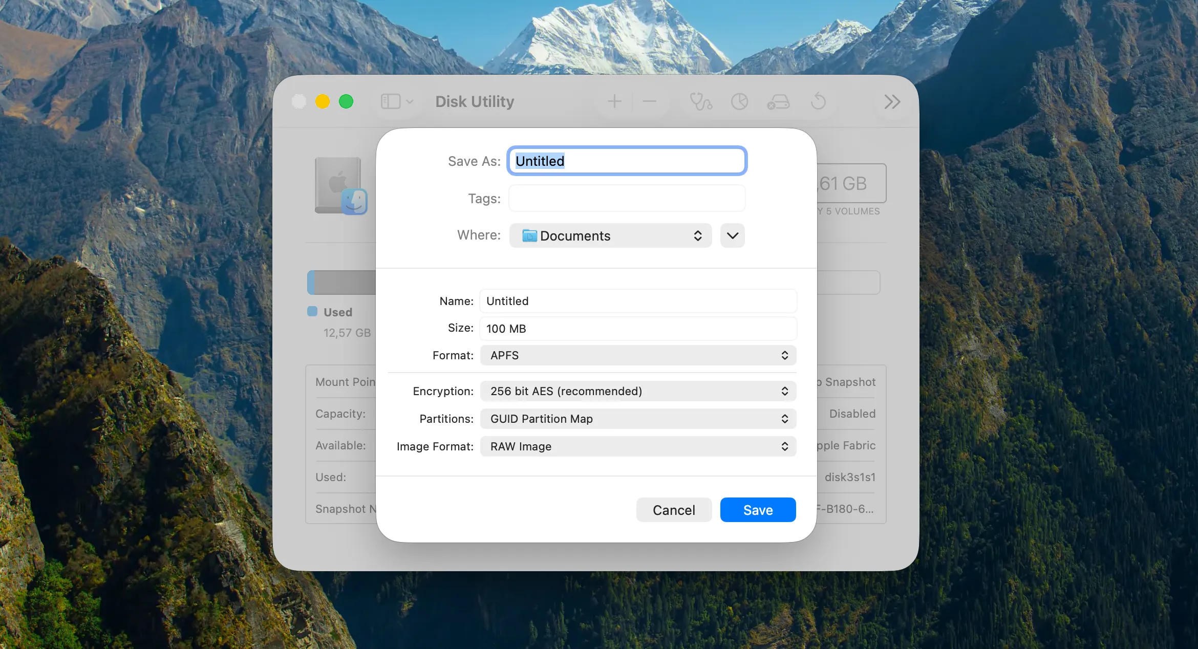 Disk Utility New Image menu showing the Blank Image option