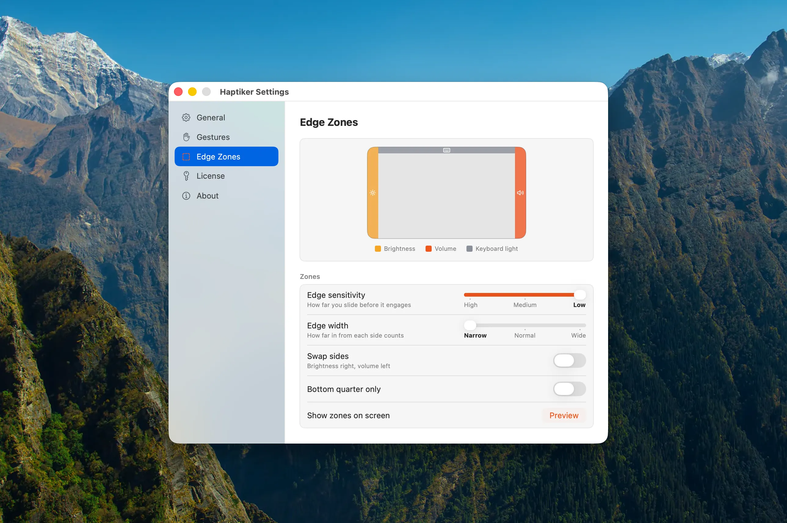 Haptiker Edge Zones settings showing the brightness, volume, and keyboard light areas of the trackpad