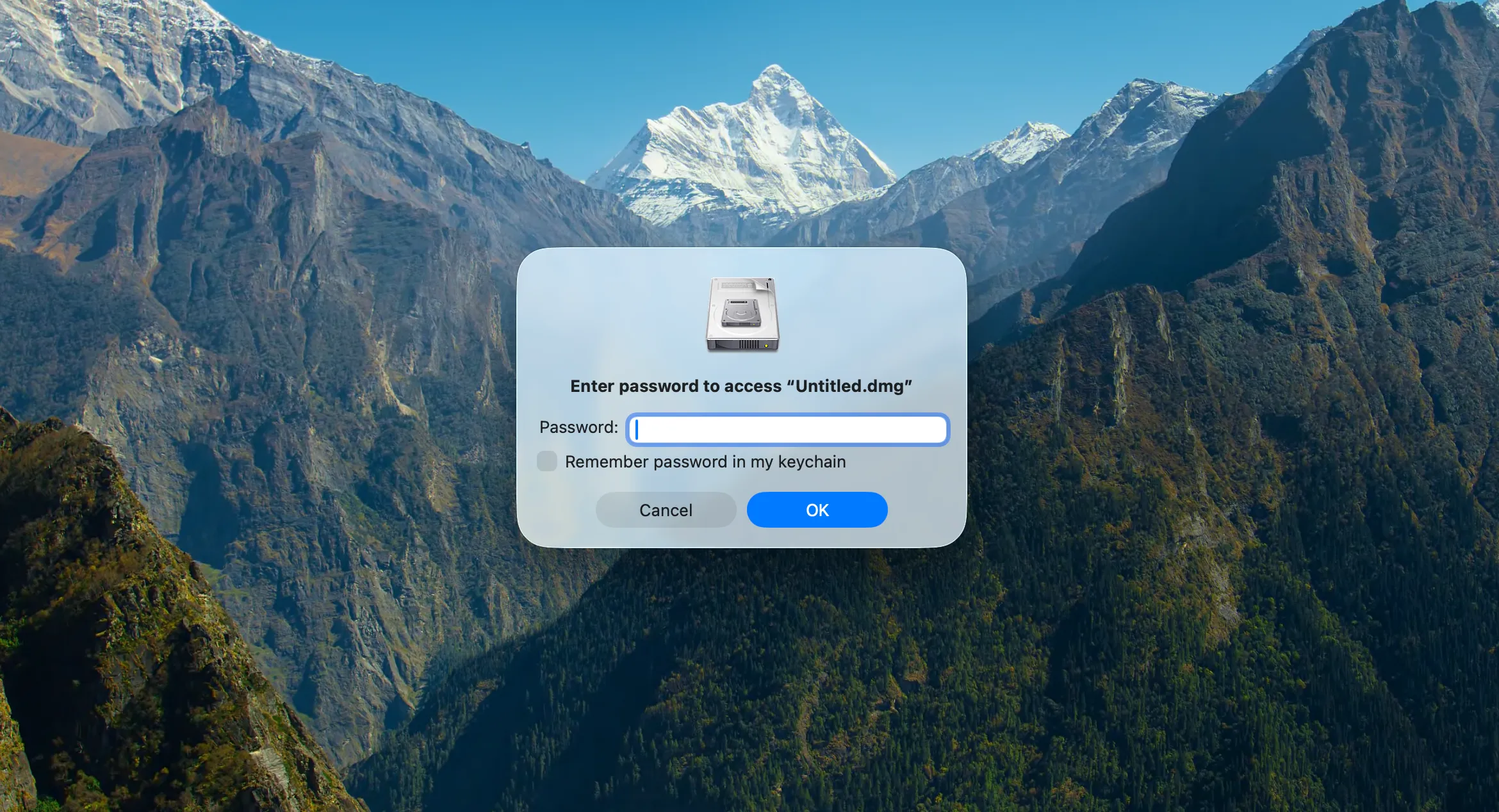 Password dialog for opening an encrypted disk image