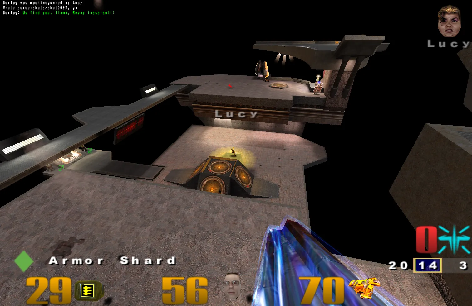 Quake III gameplay on the floating platforms of The Longest Yard