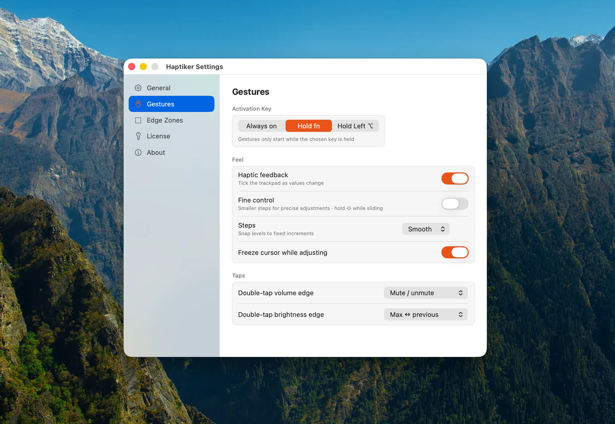 Haptiker gesture settings with Hold Fn selected as the activation key