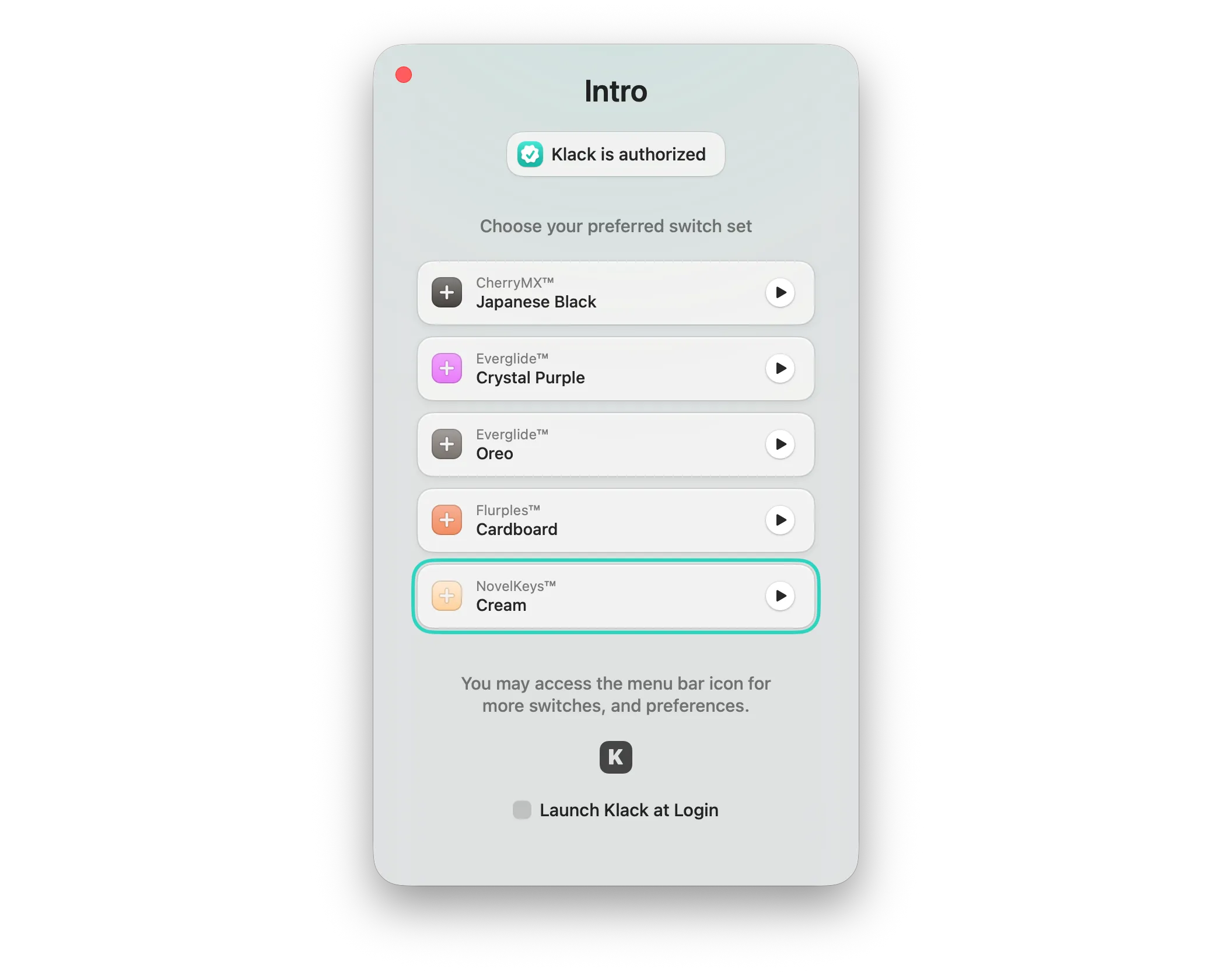 Klack onboarding screen showing five sound profiles