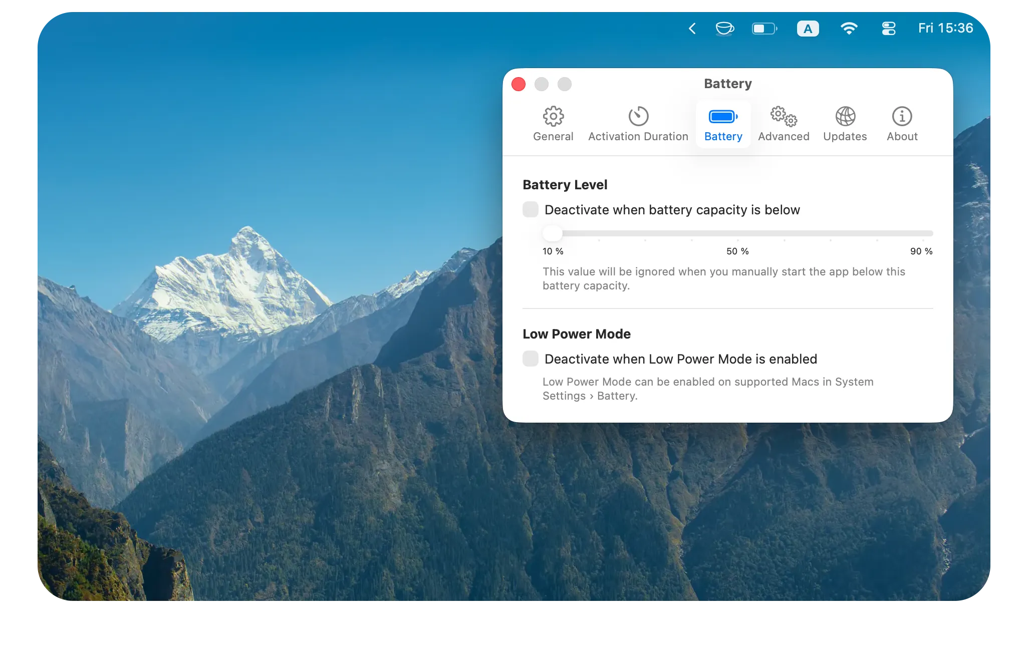 KeepingYouAwake enabled in the menu bar with its settings open