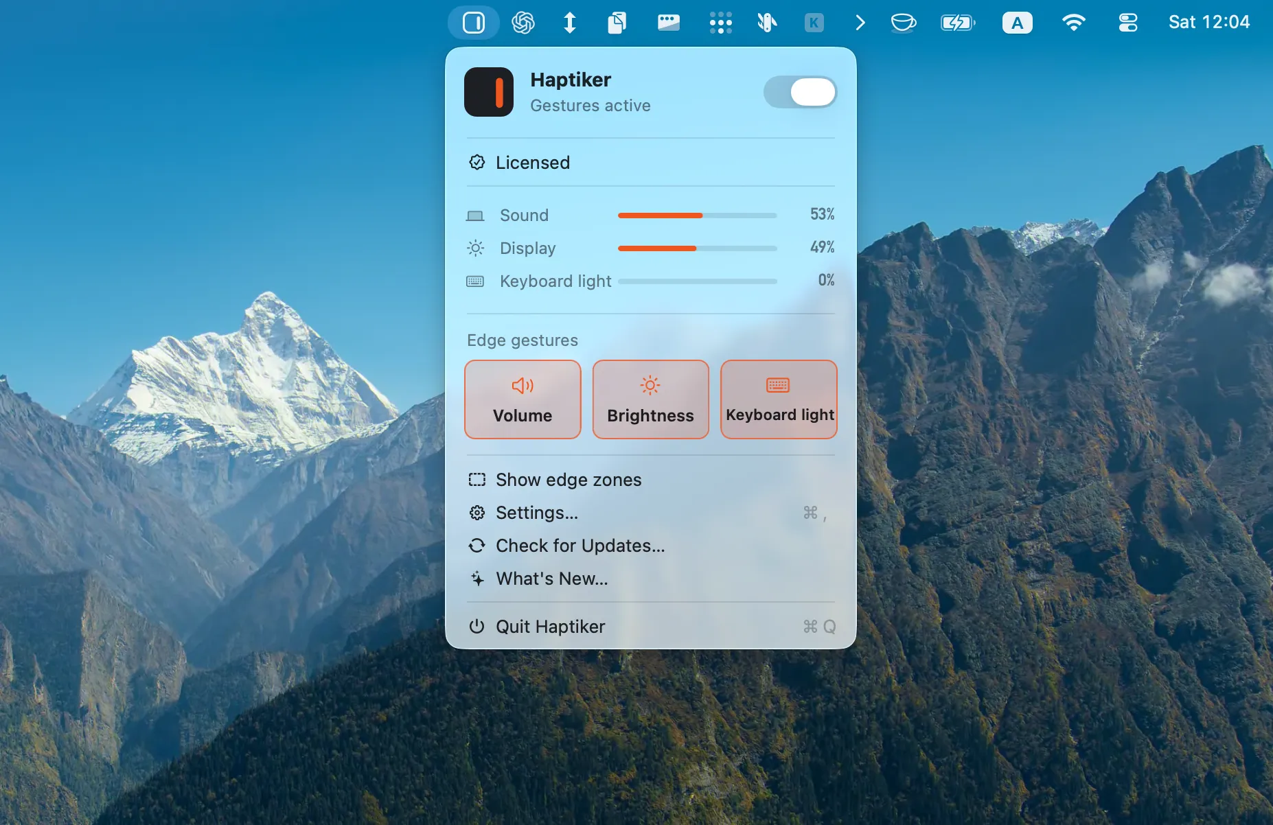 Haptiker menu showing volume, display brightness, keyboard light, and edge gesture controls