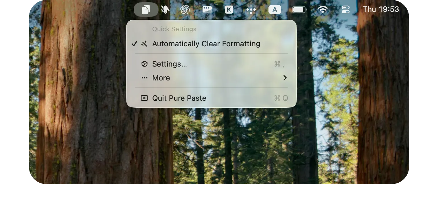 Pure Paste menu opened from the macOS menu bar