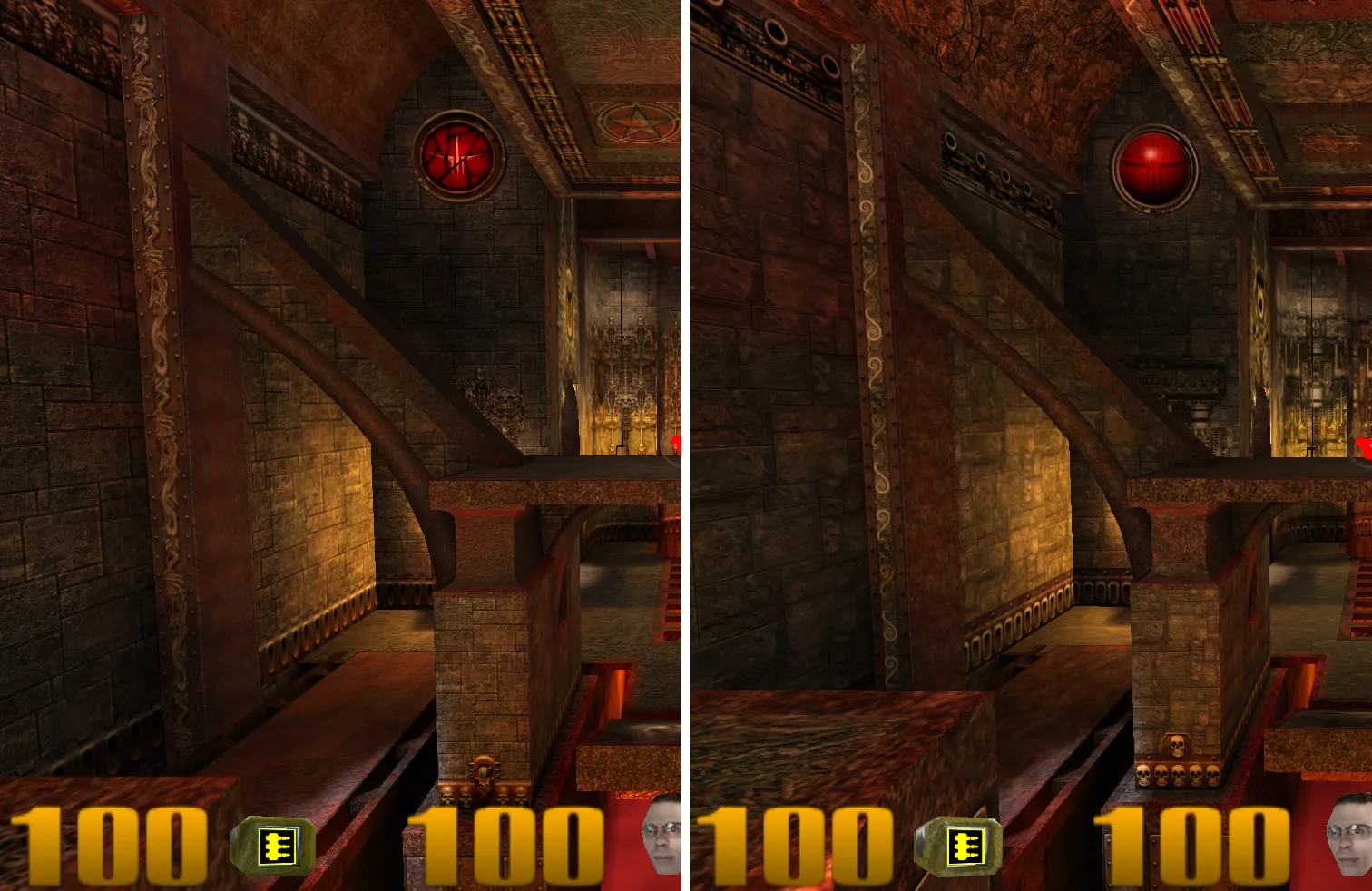 A side-by-side Quake III comparison with the original textures on the left and HD replacement textures on the right