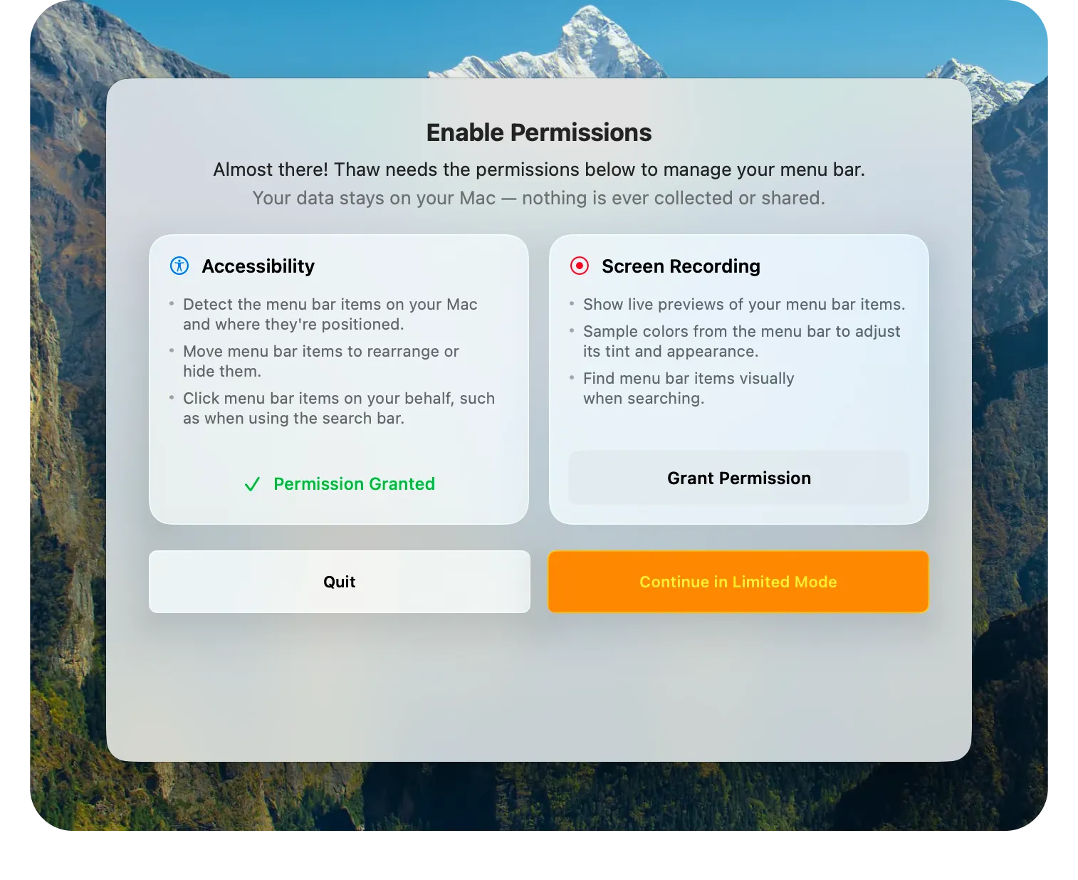 Thaw showing its Accessibility and Screen Recording permission options