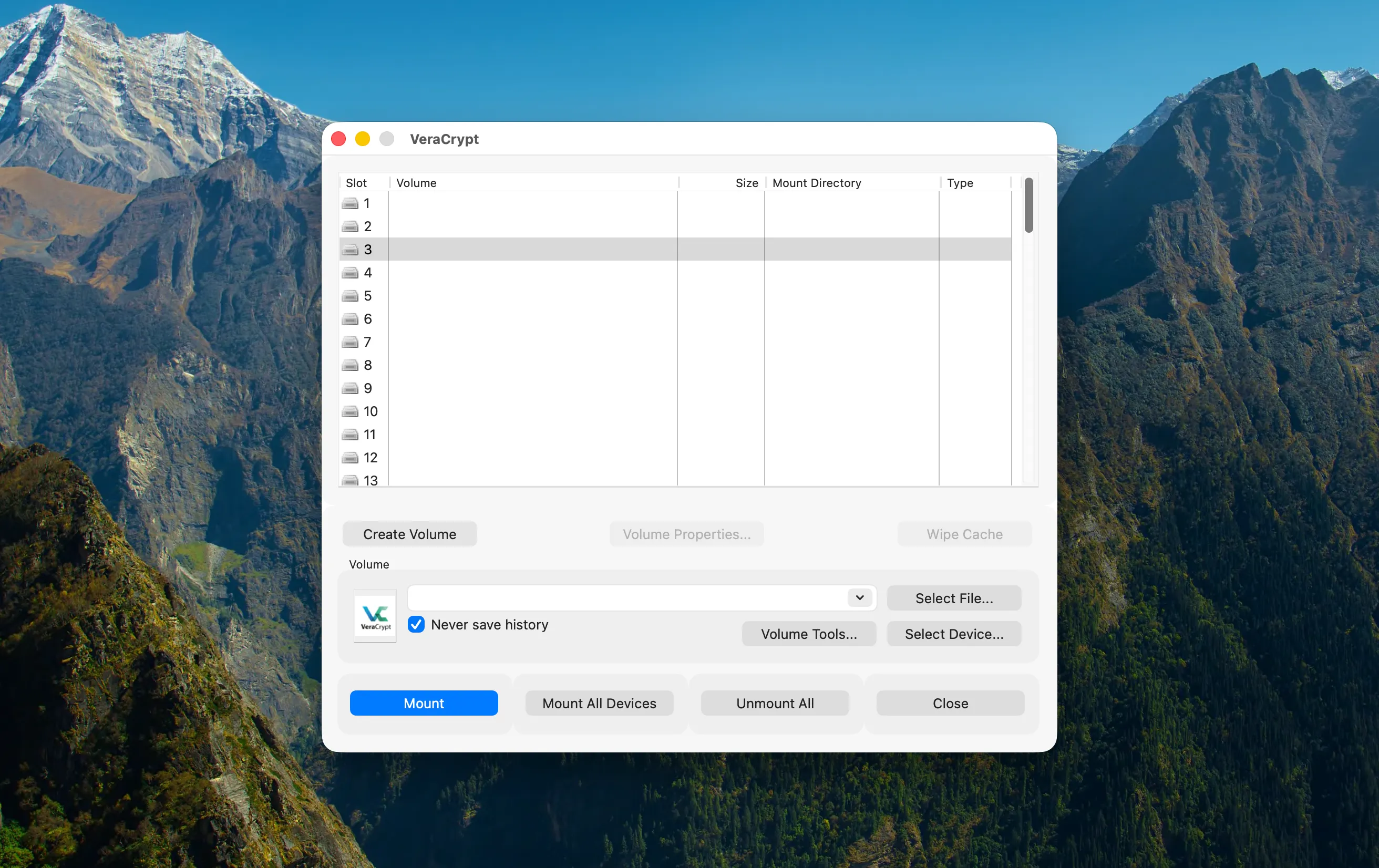 VeraCrypt main window on macOS showing empty volume slots and mounting controls
